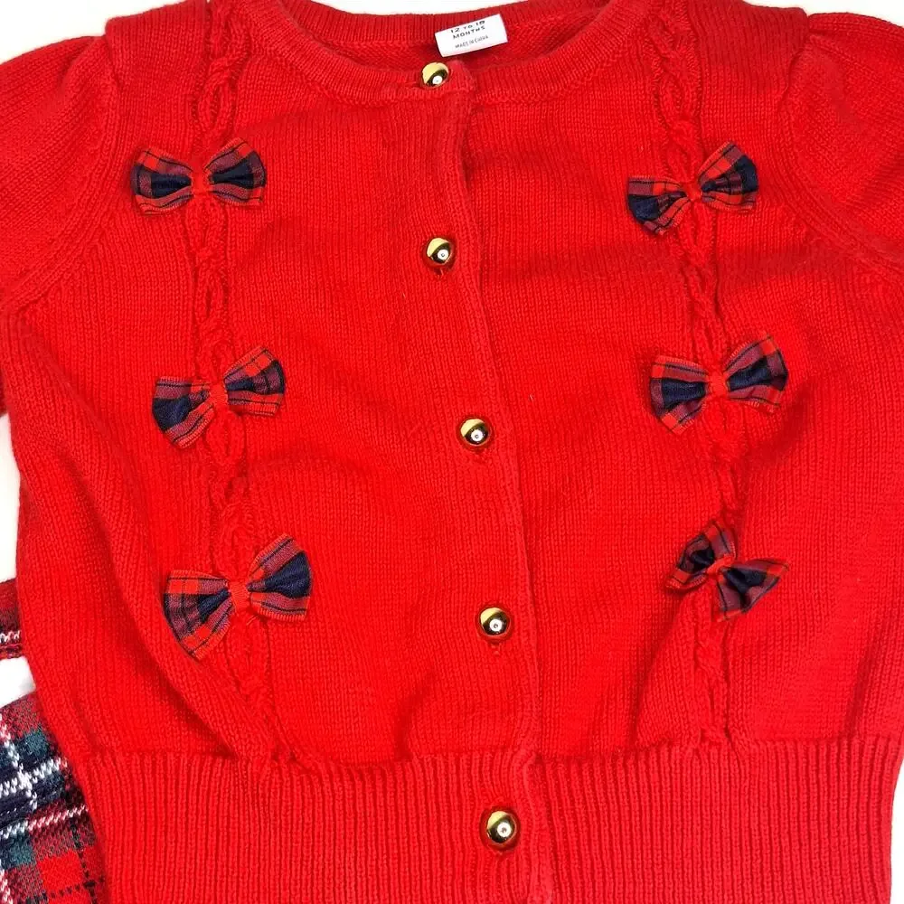 Janie and Jack Girls Plaid Tartan Holiday Outfit Cardigan Pants 12-18m Christmas